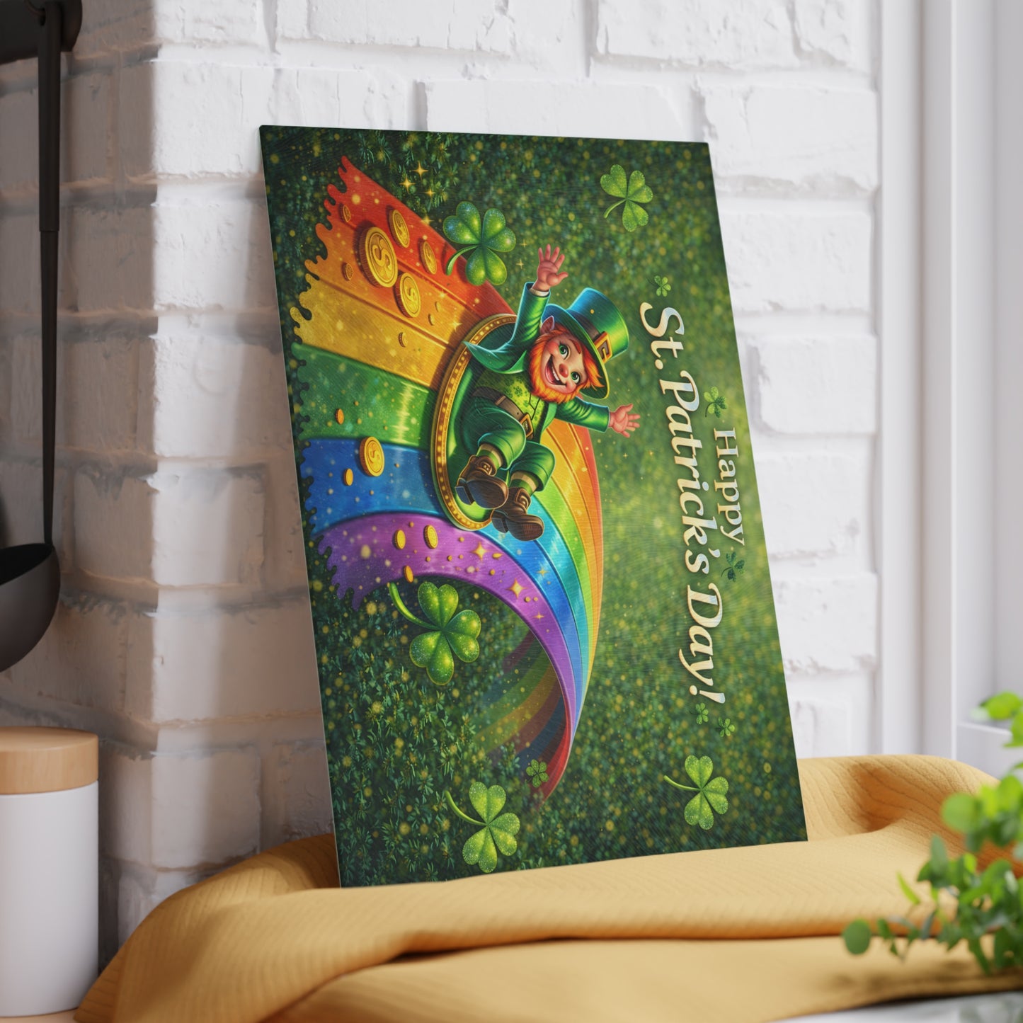St. Patrick’s Day Leprechaun Rainbow Glass Cutting Board – Whimsical Irish-Inspired Kitchen Decor