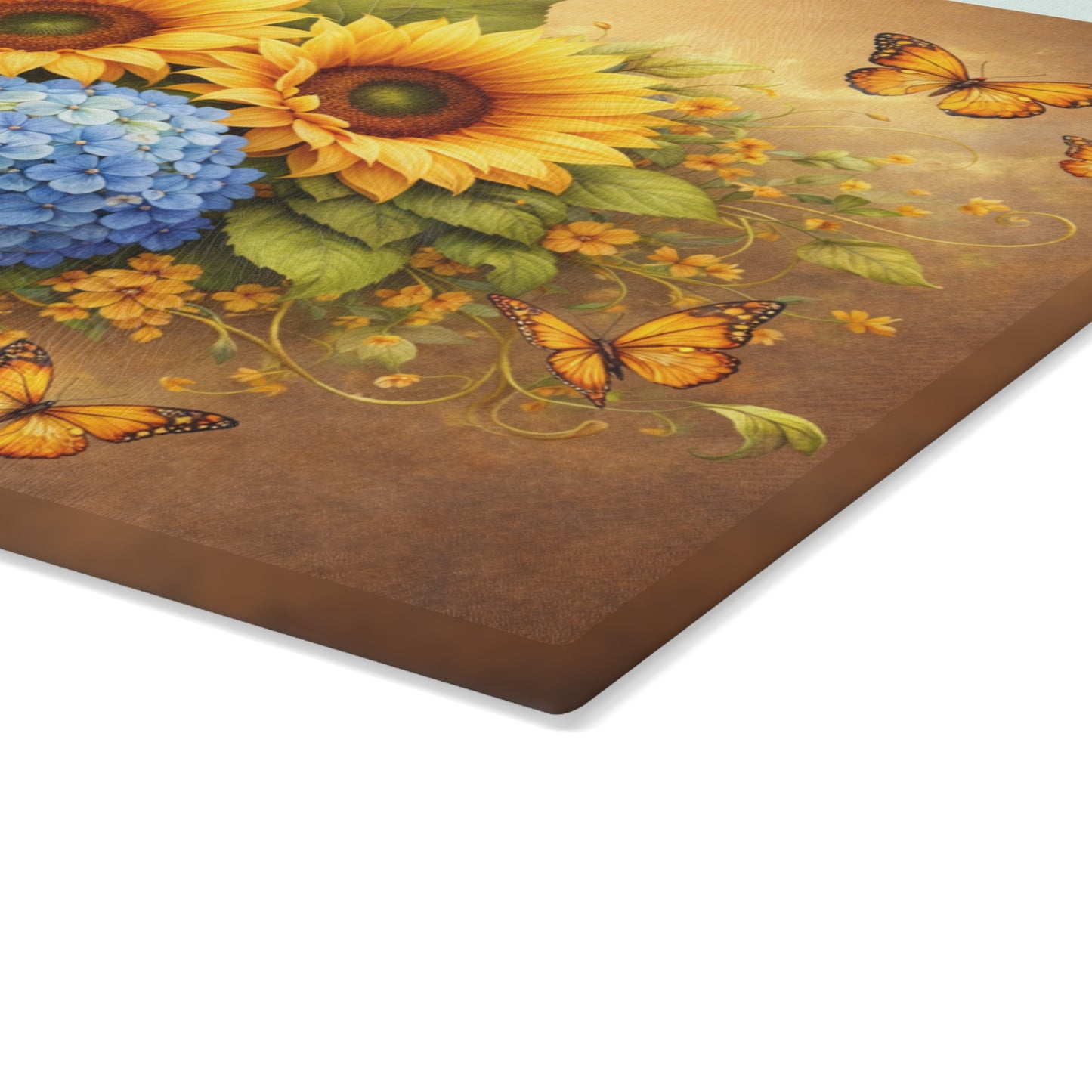Sunflower & Hydrangea Butterfly Glass Cutting Board – Bright Floral Garden Kitchen Display