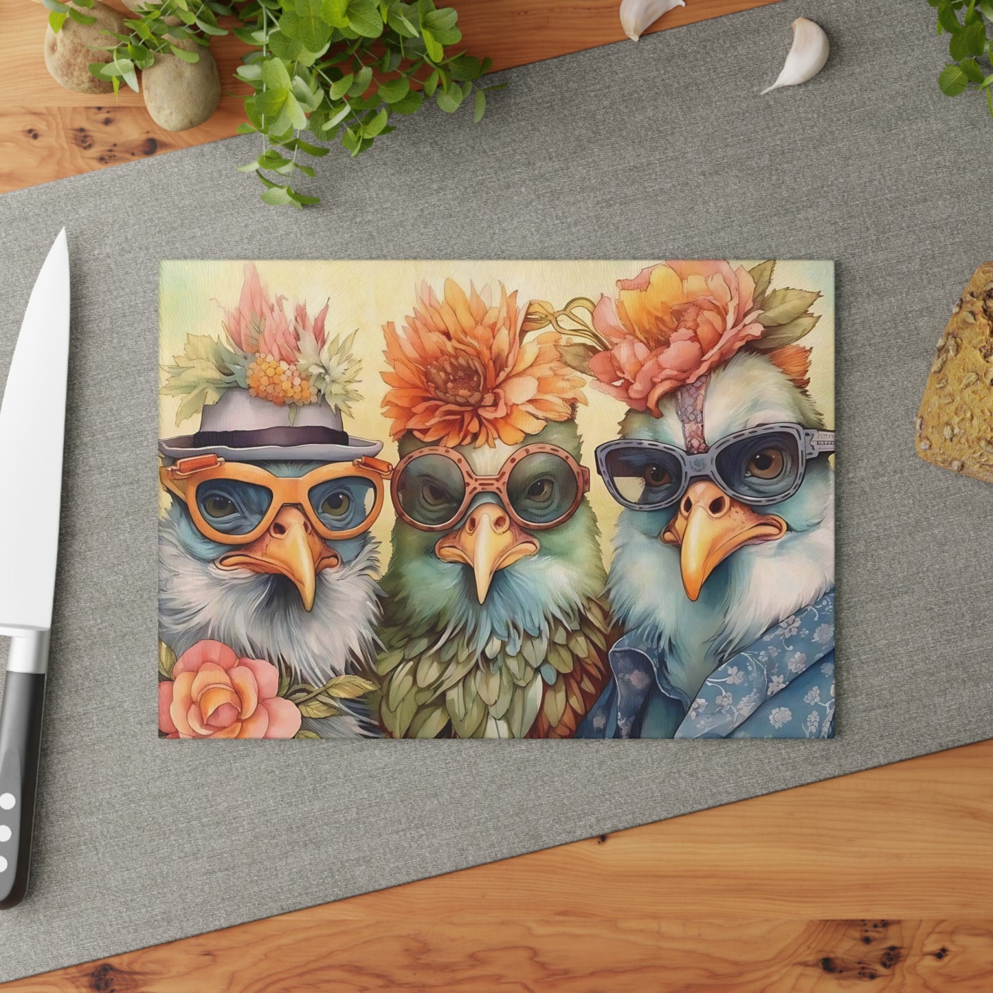 🕶️🌸 Feathered Friends Fun – Whimsical Birds Glass Cutting Board with Style and Sass 🐦
