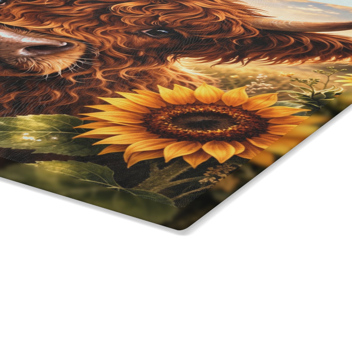 Sunflower Meadow Highland Cow Glass Cutting Board – Warm Farmhouse Floral Art with Country Charm