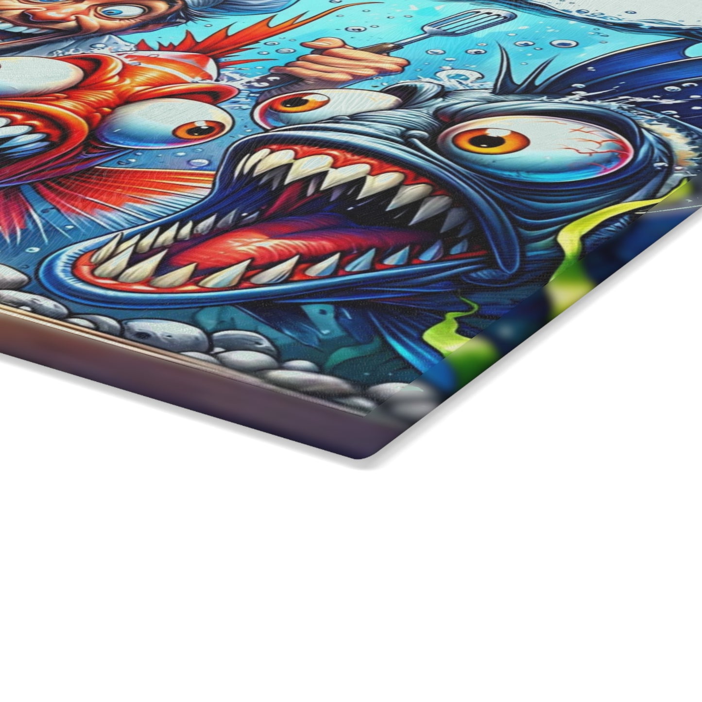 🐟👨‍🍳 “Kitchen Chaos: Fish & Chef” Glass Cutting Board – Cozy Charm for Your Kitchen