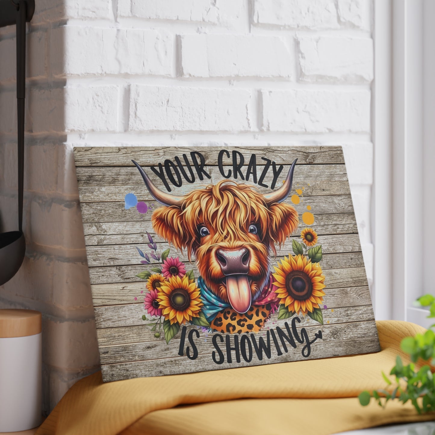🐮🌻 Your Crazy Is Showing – Highland Cow Glass Cutting Board for Fun & Colorful Kitchens 🎨