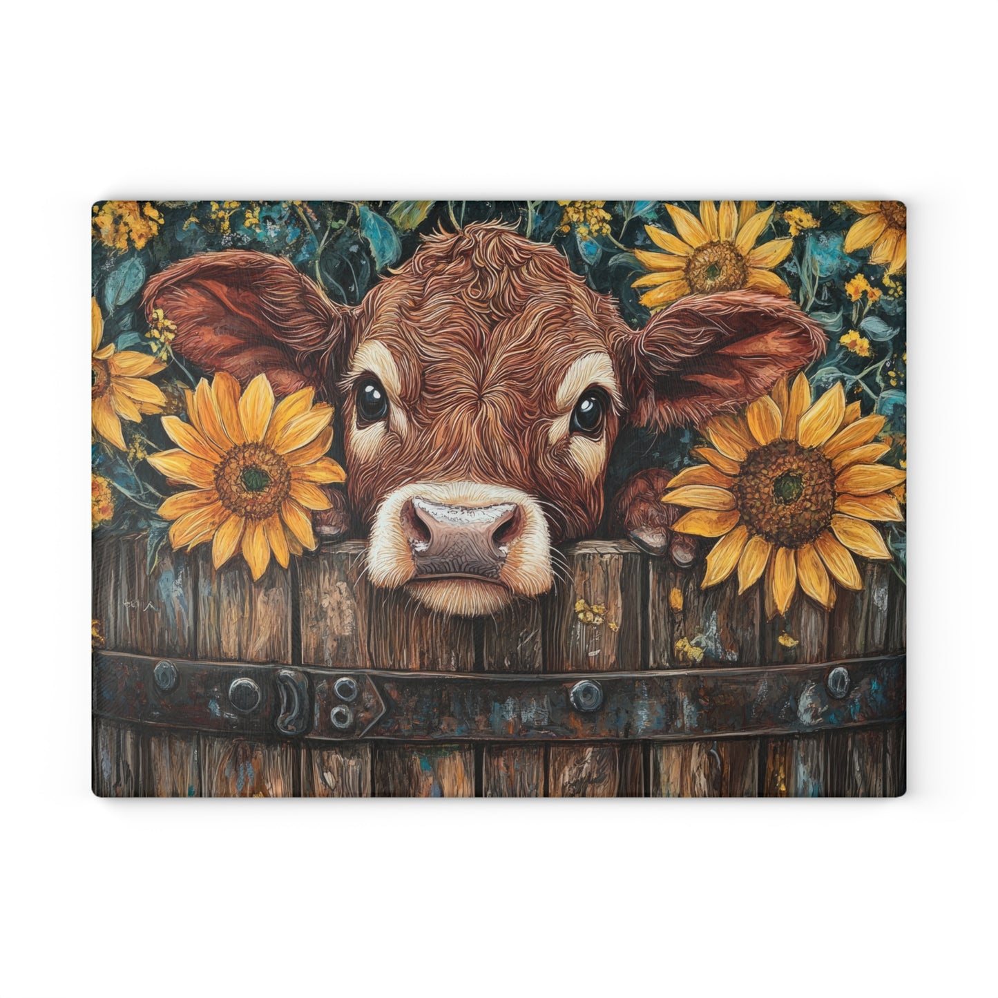 🐮🌻 Rustic Sunflower Calf Cutting Board – Farmhouse Charm for Your Kitchen 🌾