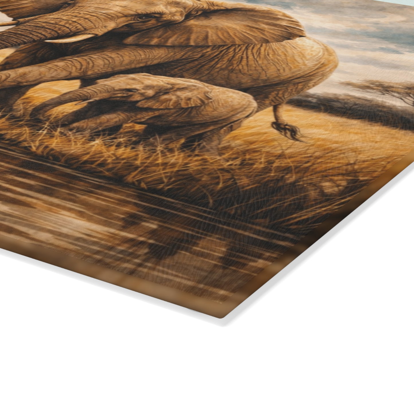 Safari Elephant and Calf Glass Cutting Board – African Wildlife Savanna Artwork