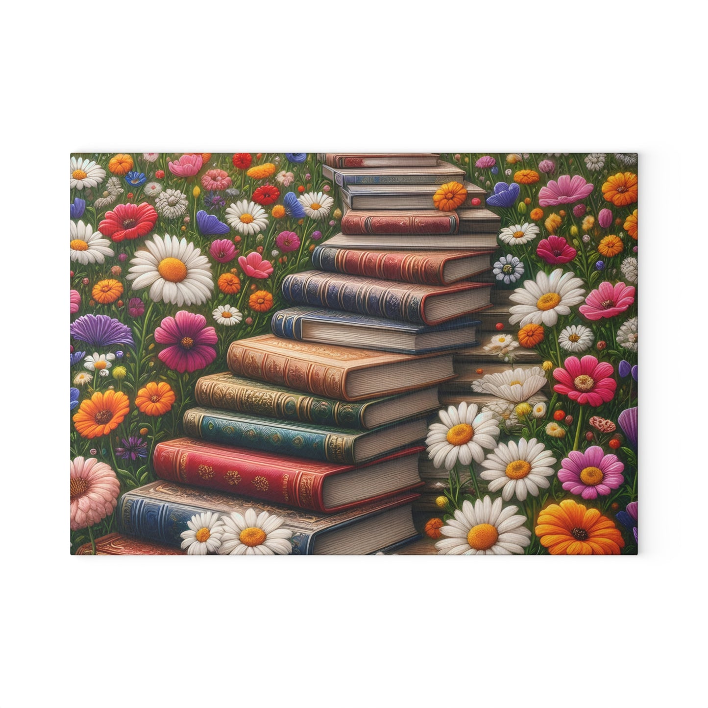 📚 Stacked Books & Wildflowers Cutting Board – Literary Charm Meets Kitchen Elegance 🌸