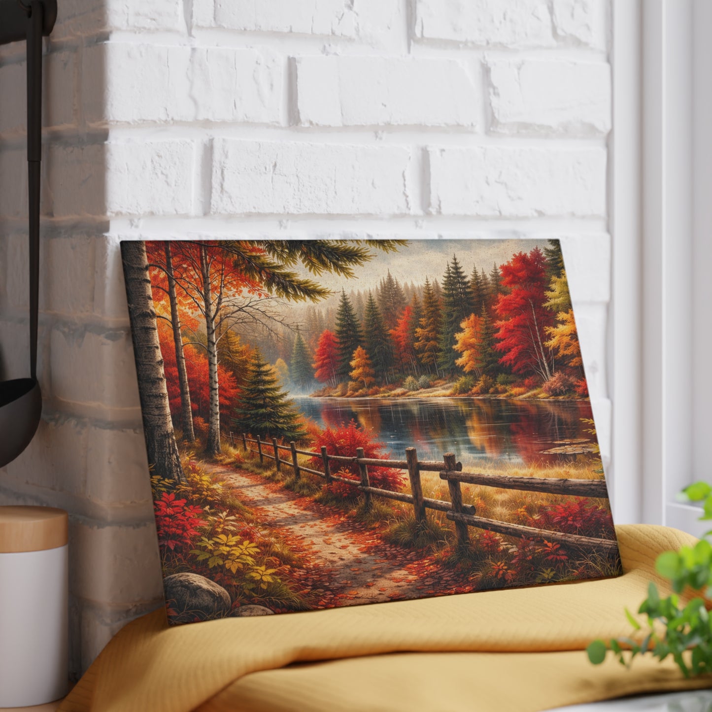 Autumn Lakeside Path Glass Cutting Board – Rustic Fall Forest Lake Kitchen Art