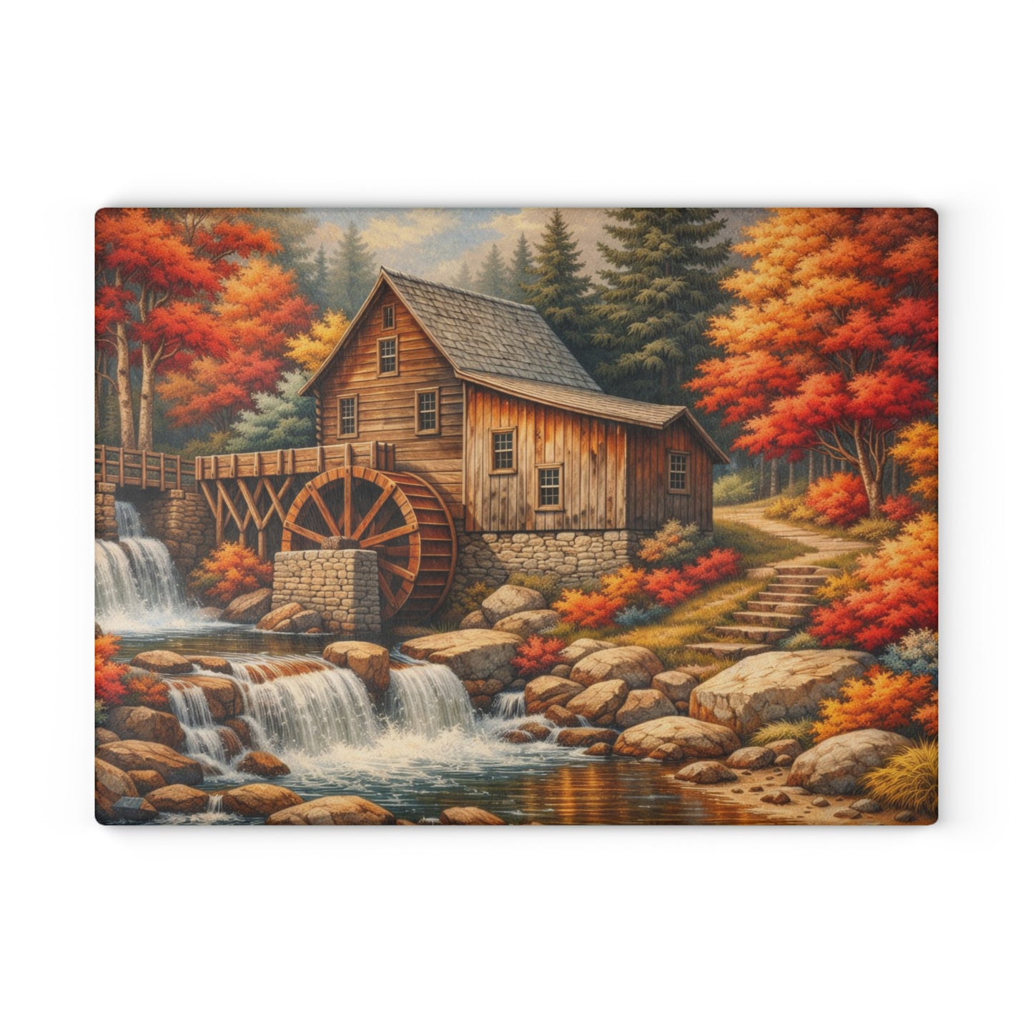 Autumn Watermill Cottage Glass Cutting Board – Rustic Fall Waterfall Kitchen Art