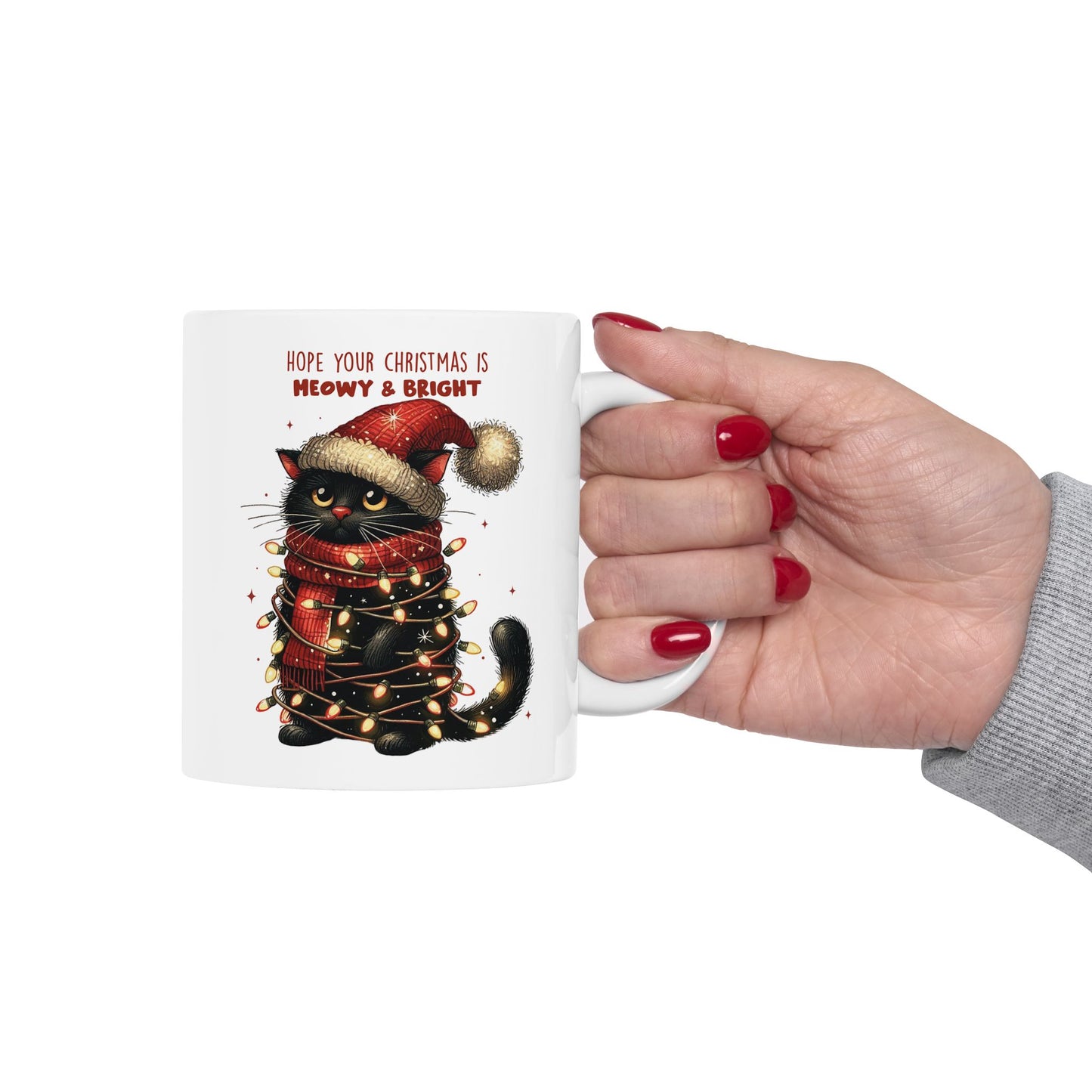 🐾🎄 Meowy & Bright Cat Christmas Mug – Festive Black Cat with Lights & Sass 🎅✨