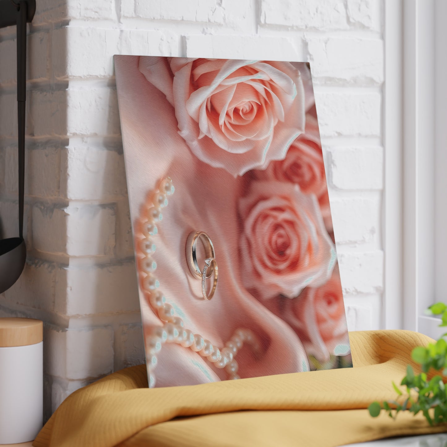 💍 Elegant Wedding Rings Cutting Board – Romance, Roses & Timeless Charm
