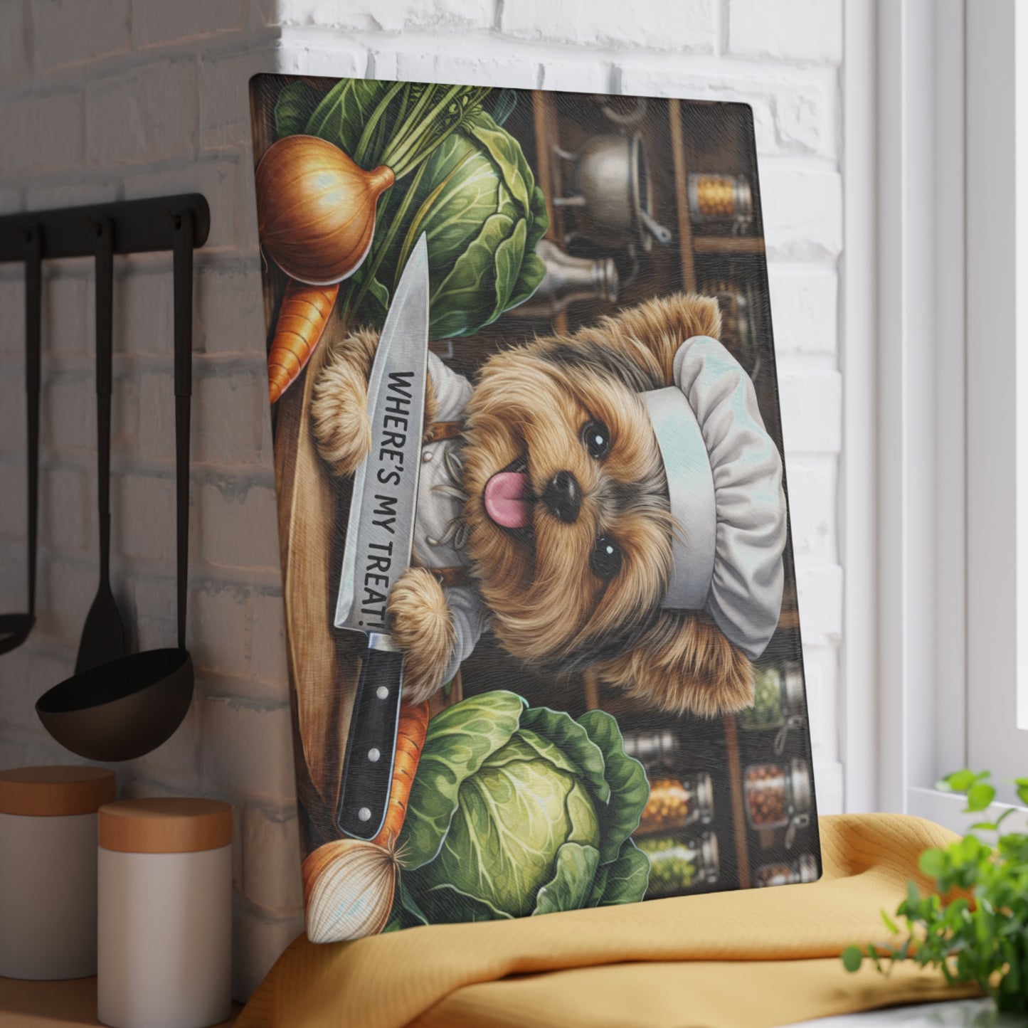 Yorkshire Terrier Chef Glass Cutting Board – “Where’s My Treat!” Playful Kitchen Art