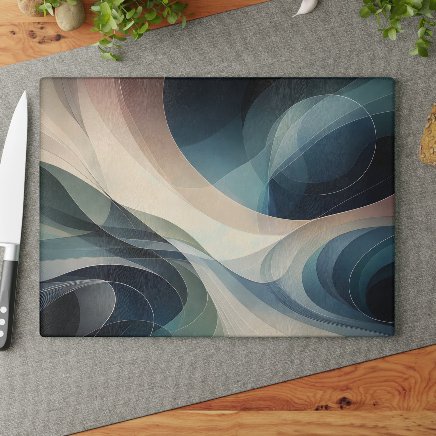 Modern Abstract Wave Glass Cutting Board – Neutral Flow Contemporary Kitchen Art