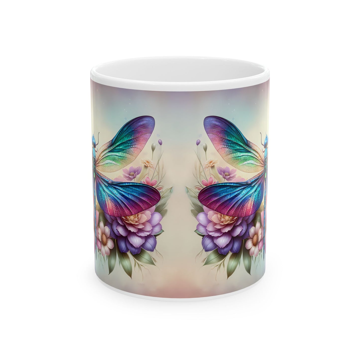 🌸 Vivid Garden Bloom – Envoltorio para taza de café con libélula arcoíris ☕