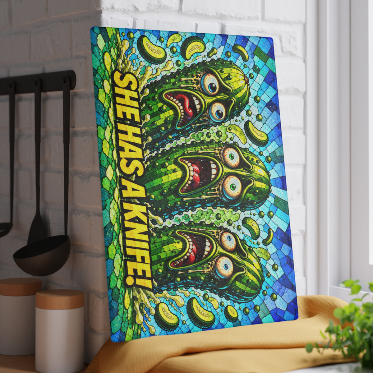 She Has a Knife! Funny Pickle Stained-Glass-Inspired Glass Cutting Board