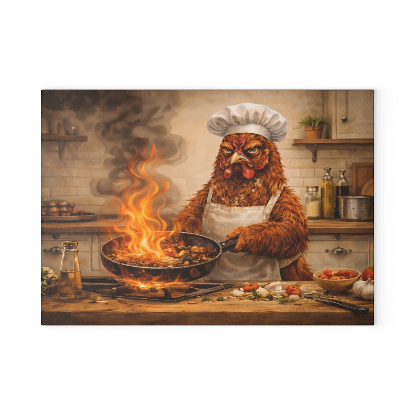 Angry Chicken Chef Glass Cutting Board – Funny Kitchen Chaos Farm Art