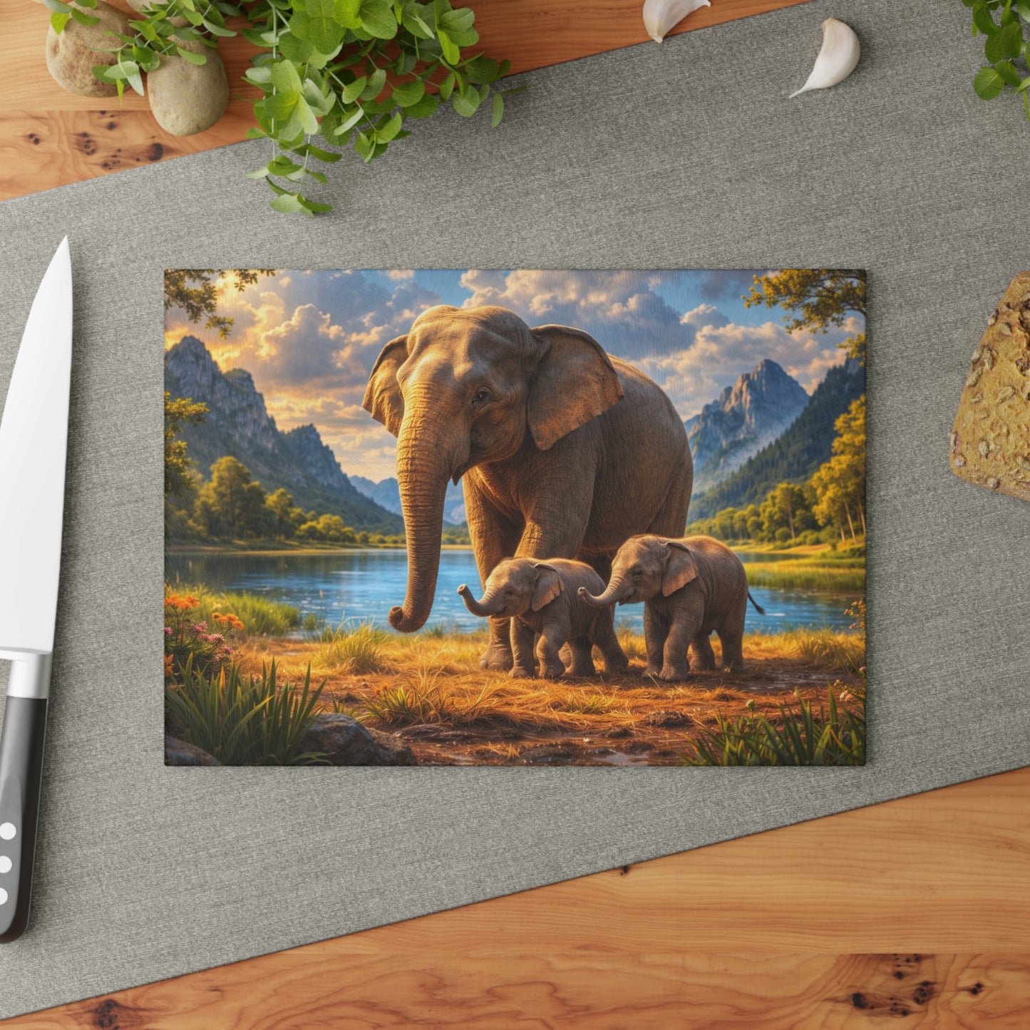 Mother Elephant with Calves Glass Cutting Board – Peaceful Wildlife Family Kitchen Art