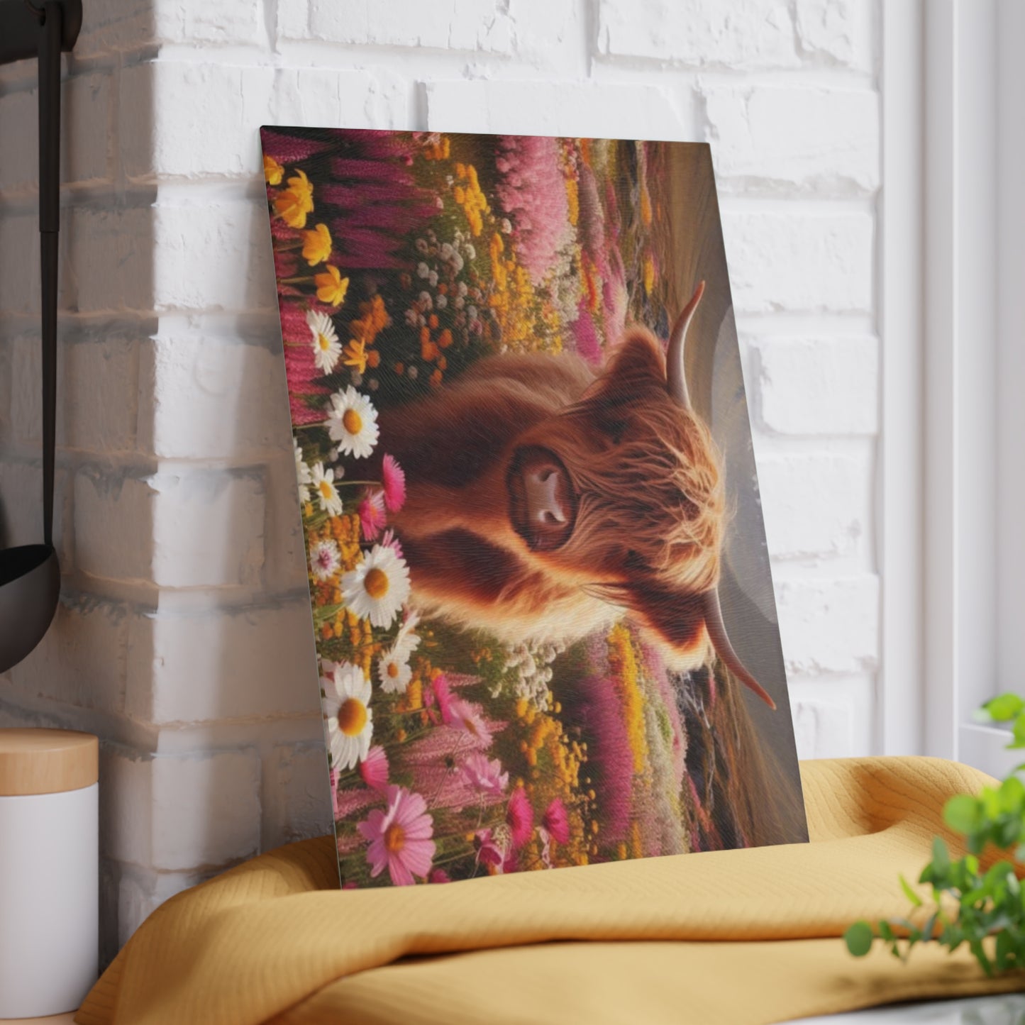 🐮 Highland Cow in a Field of Flowers – Rustic Floral Glass Cutting Board
