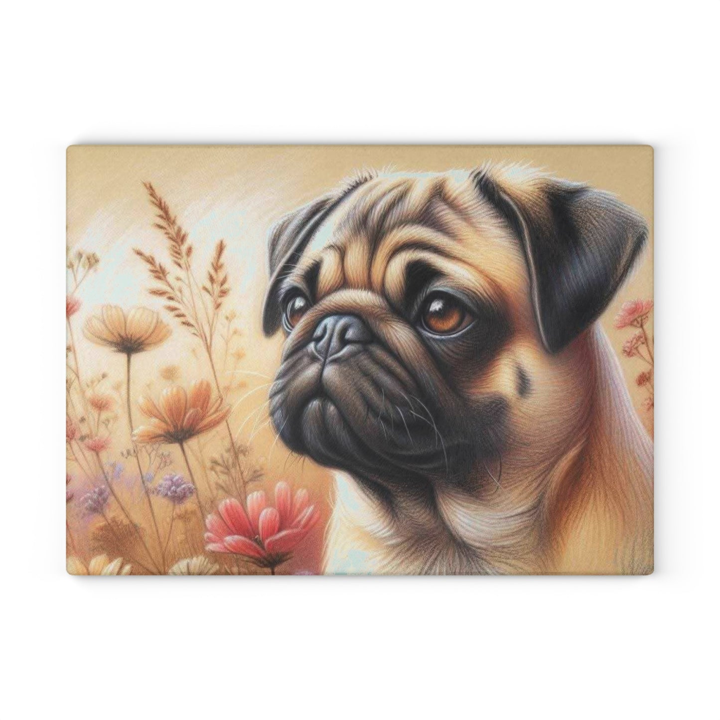 🐾 Pug & Meadow Blooms Cutting Board – Adorable Dog-Themed Kitchen Art 🌸