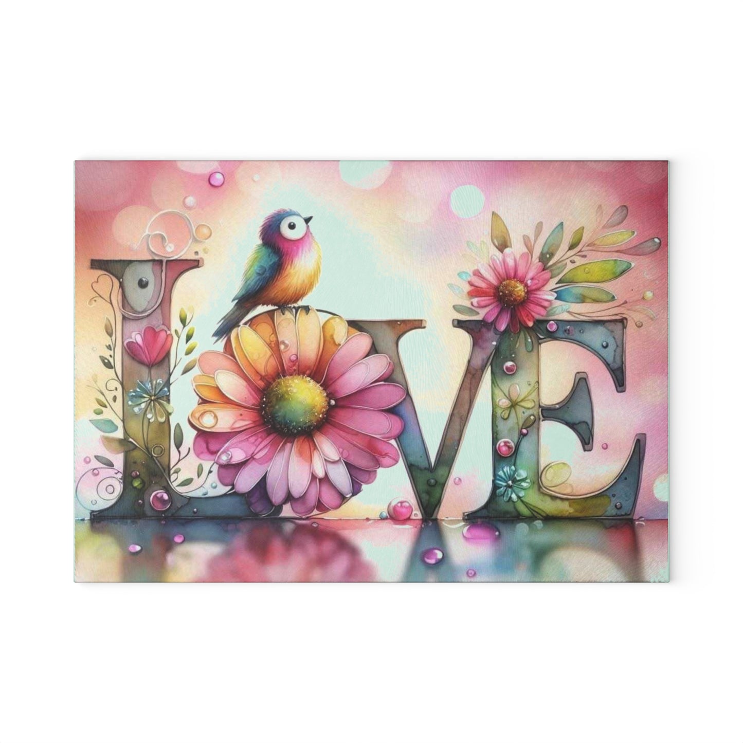 Tabla de cortar, diseño de amor con pájaros y girasoles, decoración de cocina, bandeja de vidrio para servir, regalo de inauguración de la casa, utensilio de cocina