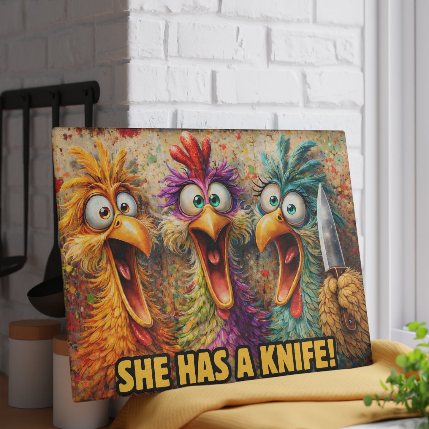 She Has a Knife! Funny Chicken Glass Cutting Board – Bold Farmhouse Kitchen Humor