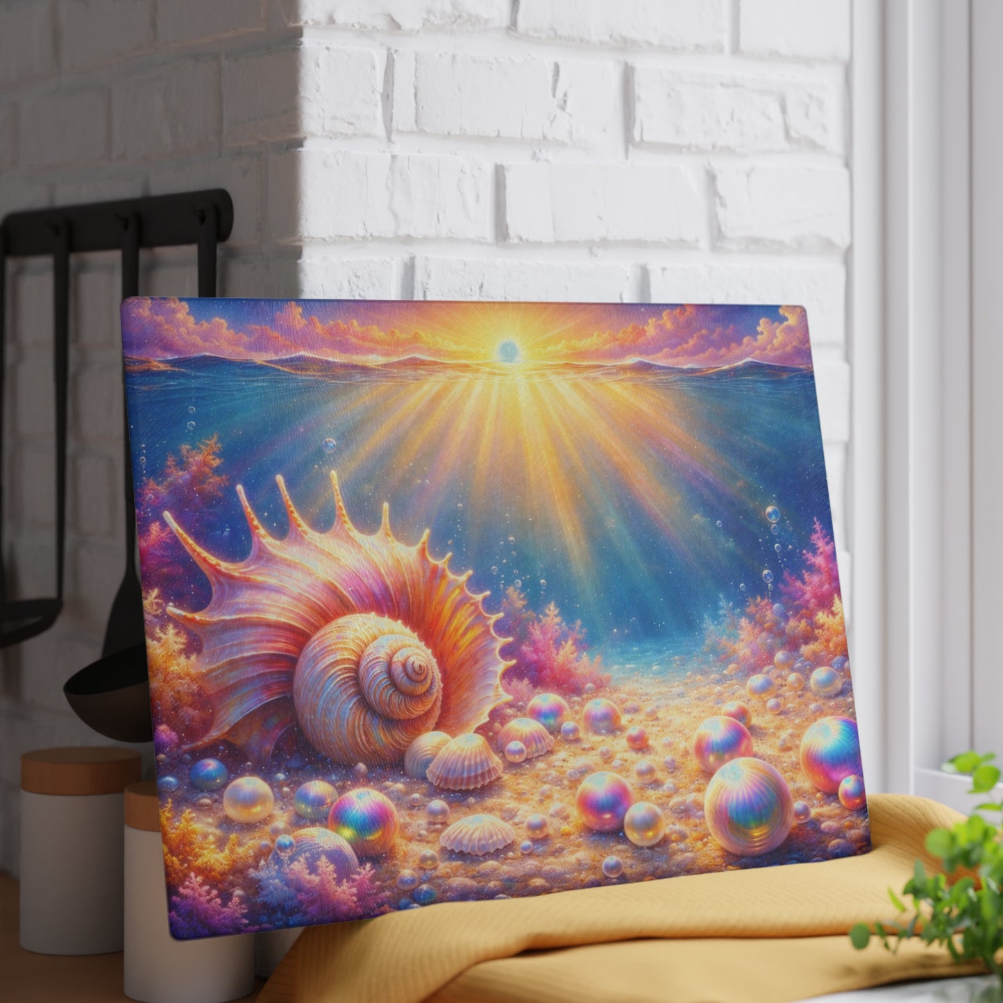 Ocean Sunrise Seashell Glass Cutting Board – Colorful Coastal Kitchen Art