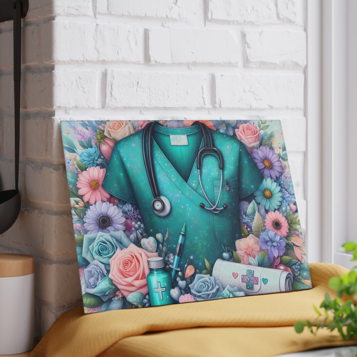 Nurse Scrubs and Florals Cutting Board – Medical Elegance with Heartfelt Style