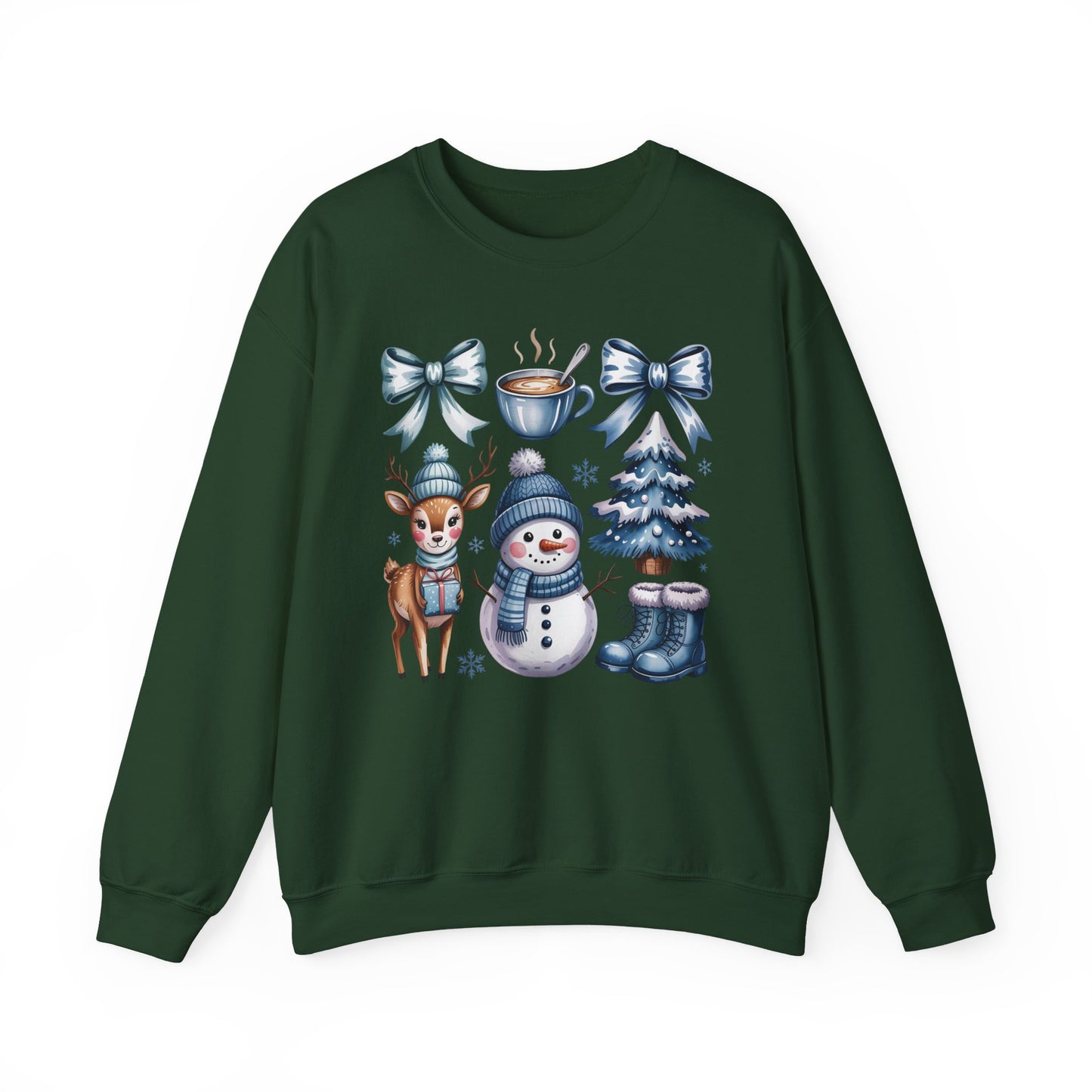 ❄️💙 Cozy Winter Vibes Crewneck – Reindeer, Snowman, Cocoa & Bows