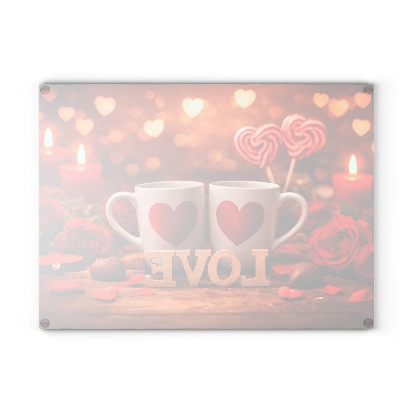 Valentine’s Love Mugs Glass Cutting Board – Romantic Heart Candle Kitchen Accent