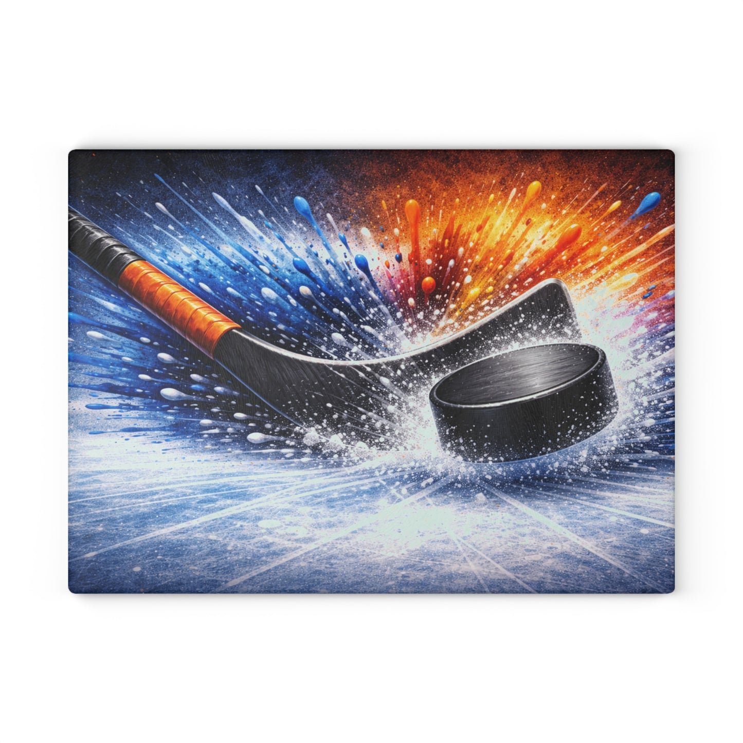 Hockey Stick and Puck Glass Cutting Board – Color Splash Ice Hockey Sports Artwork