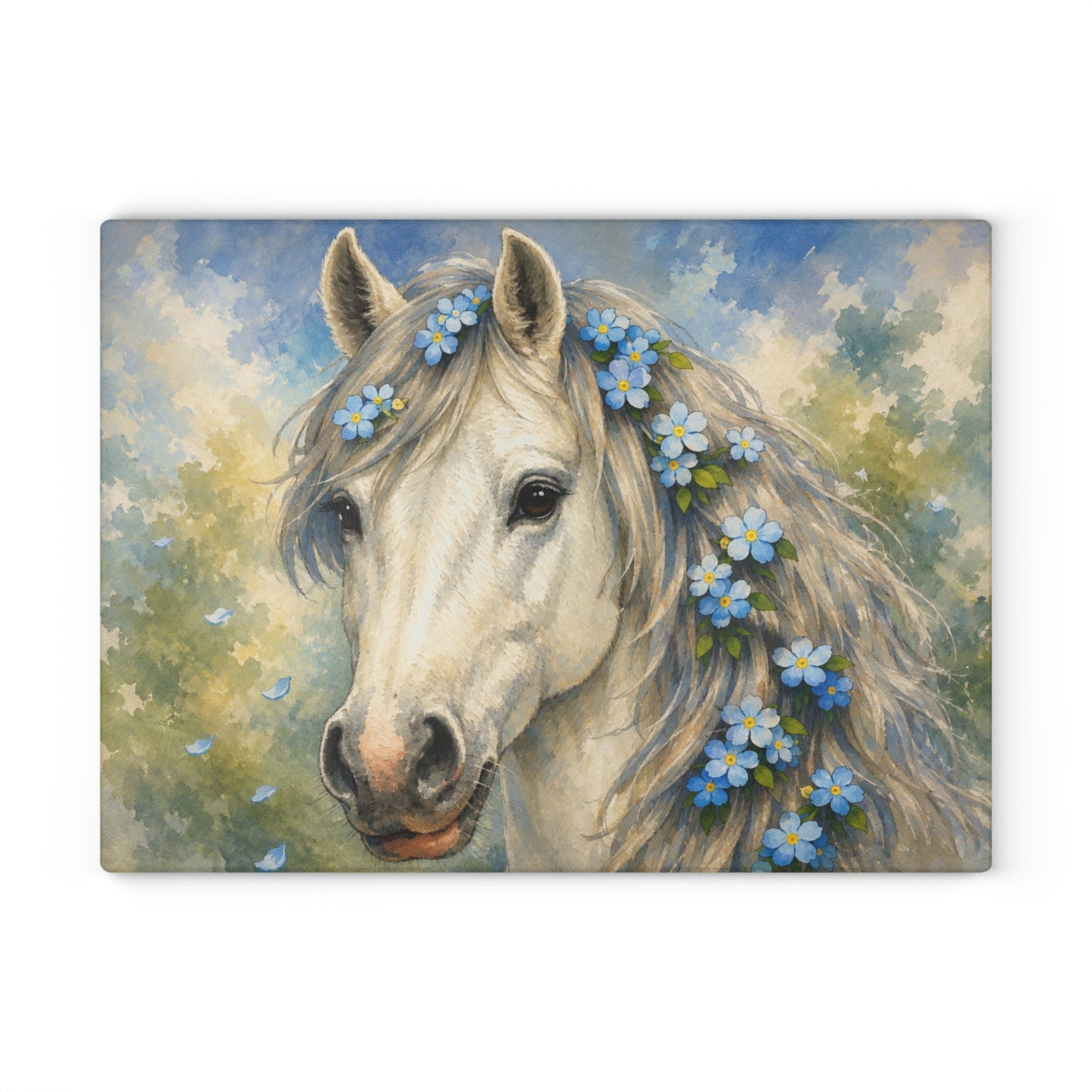 White Horse with Forget-Me-Not Flowers Glass Cutting Board – Elegant Equestrian Kitchen Decor