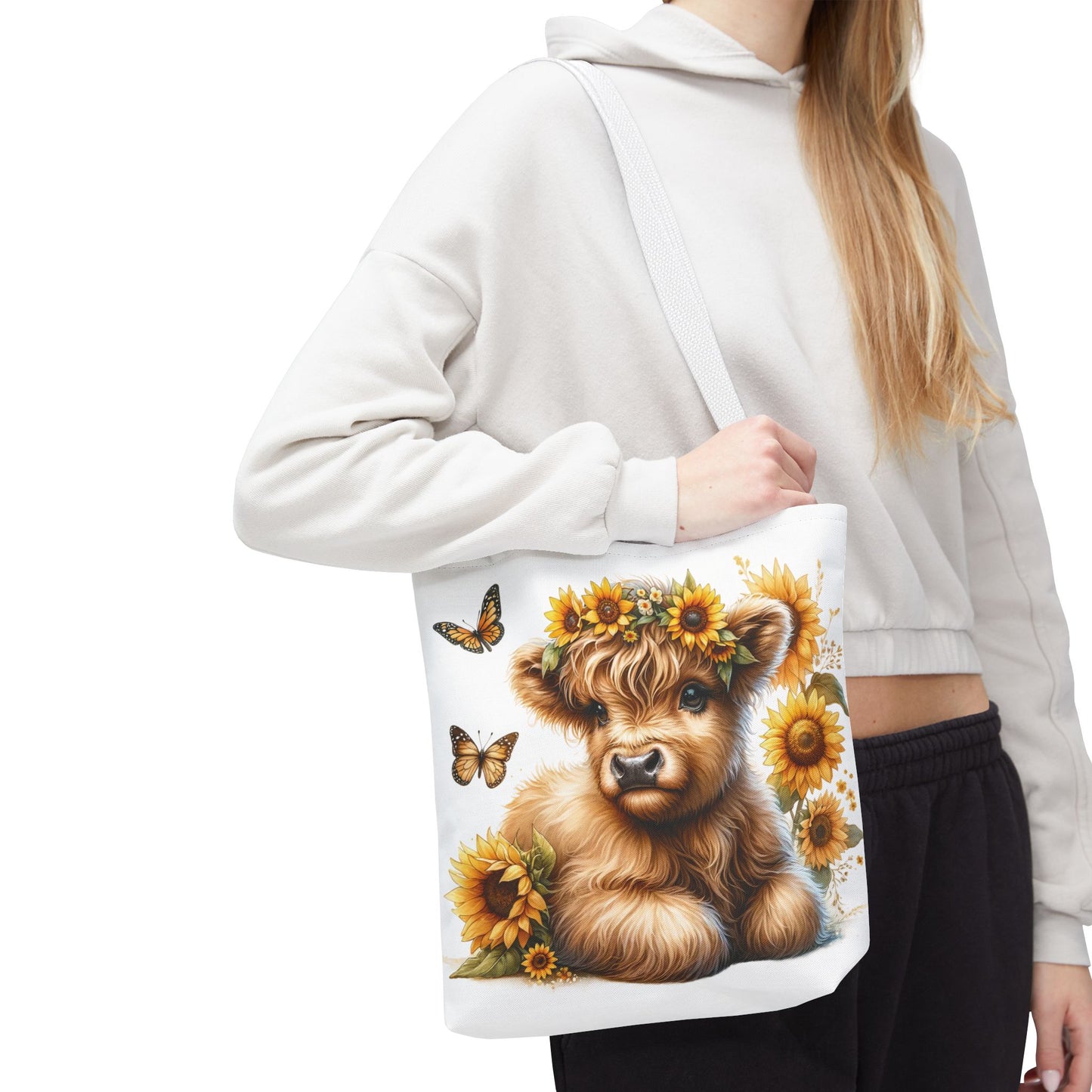🌻 Sunflower Crown Highland Calf Tote Bag – Country Charm & Butterfly Bliss 🐮👜