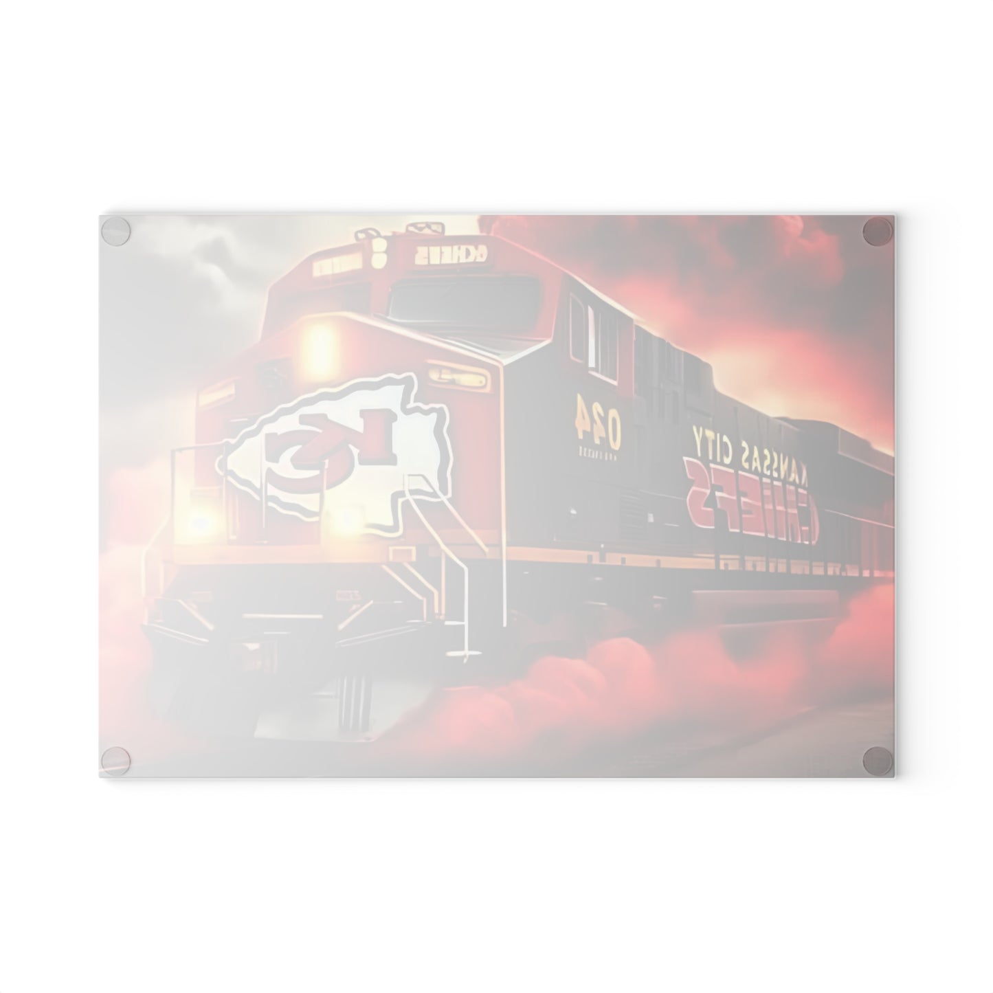 Tabla de cortar de vidrio Express roja y dorada: exhibición de cocina con un llamativo diseño de tren
