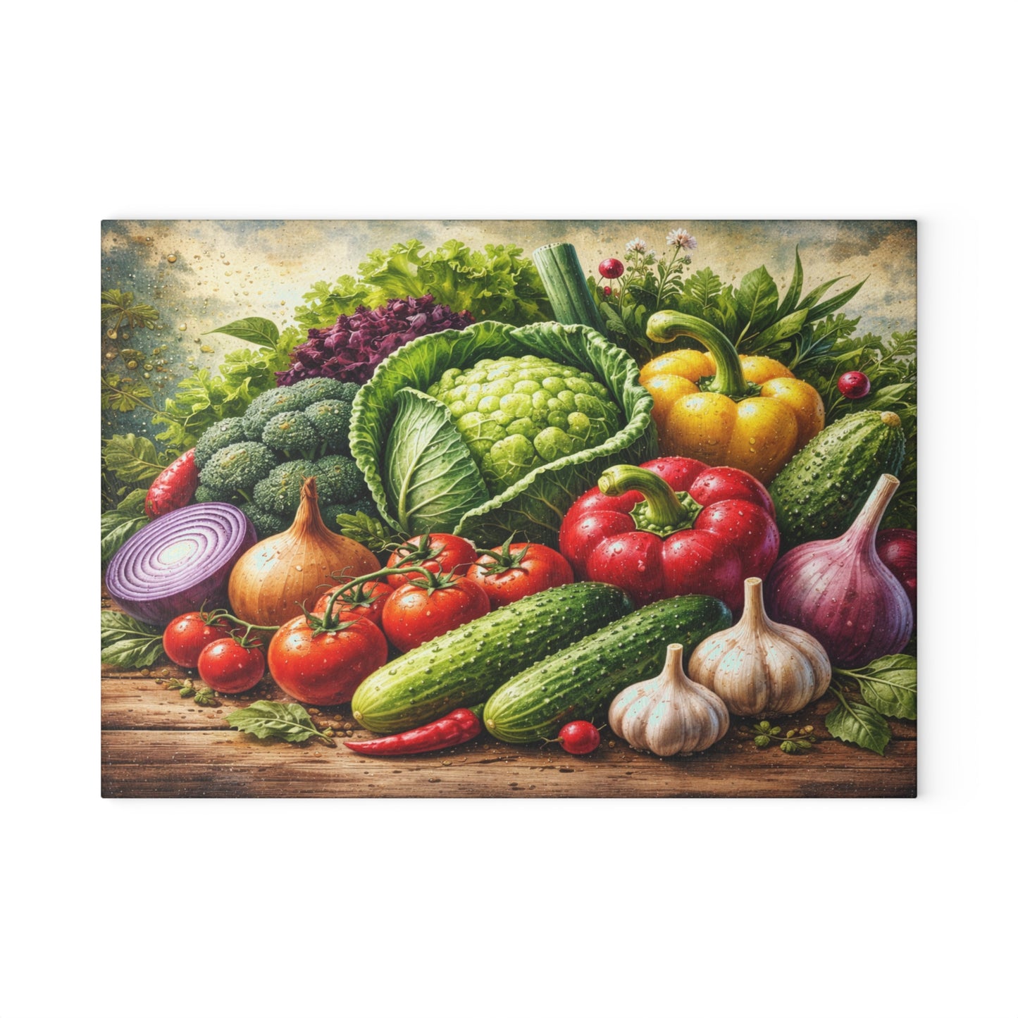 Garden Harvest Glass Cutting Board – Fresh Farm Market Inspired Kitchen Art