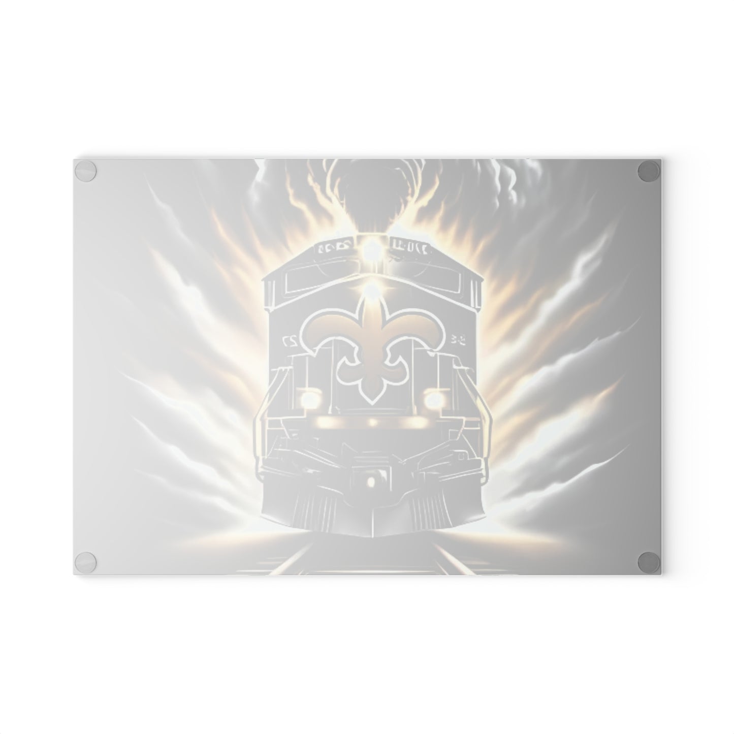 Black & Gold Express Glass Cutting Board – Luxe Train Art for Sophisticated Kitchens