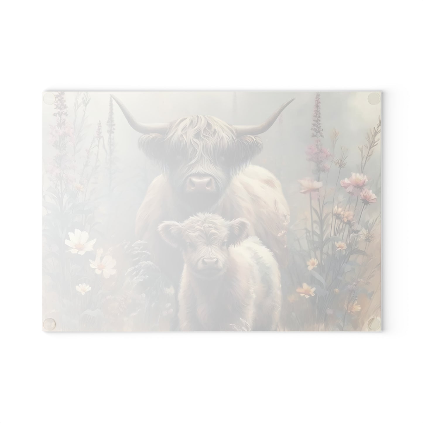 Tabla de cortar de vidrio templado con vaca y bebé de las Highlands