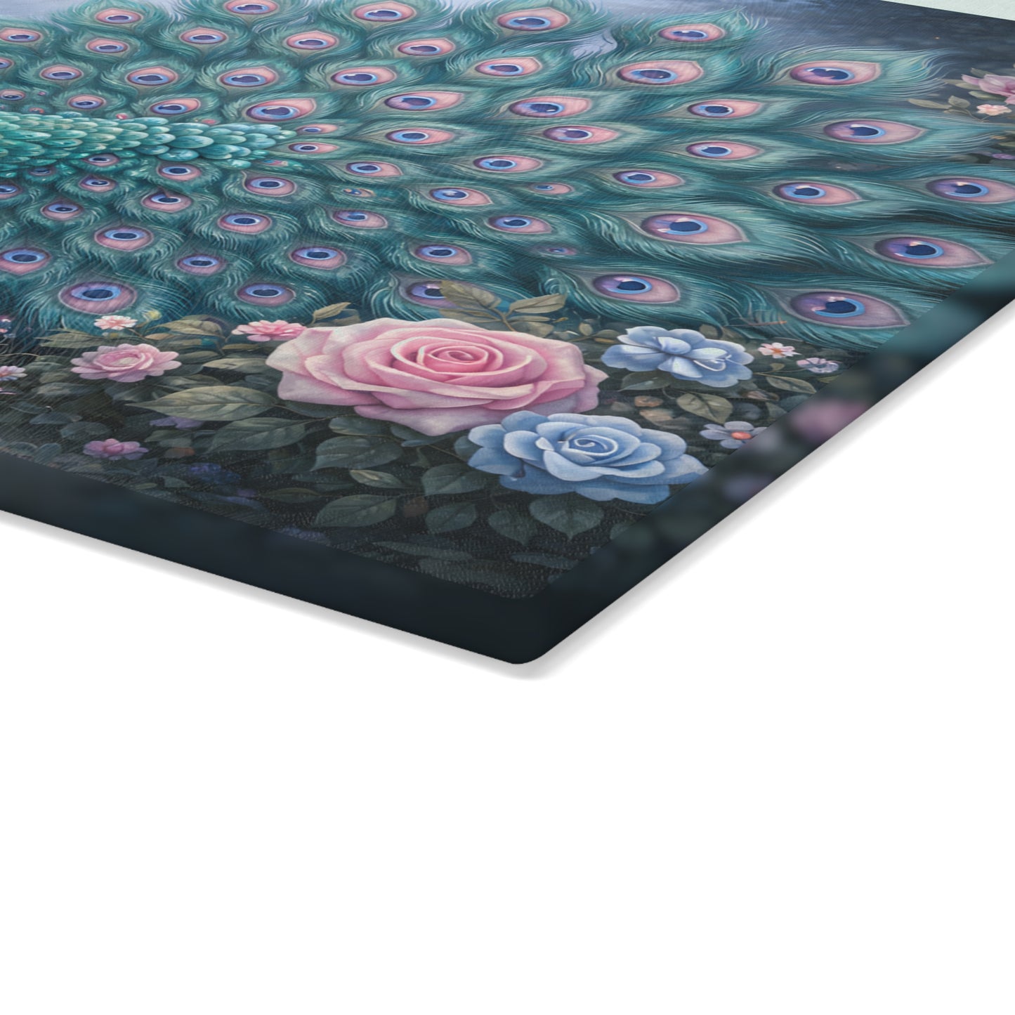 Teal Peacock Garden Glass Cutting Board – Elegant Floral Bird Art Kitchen Display
