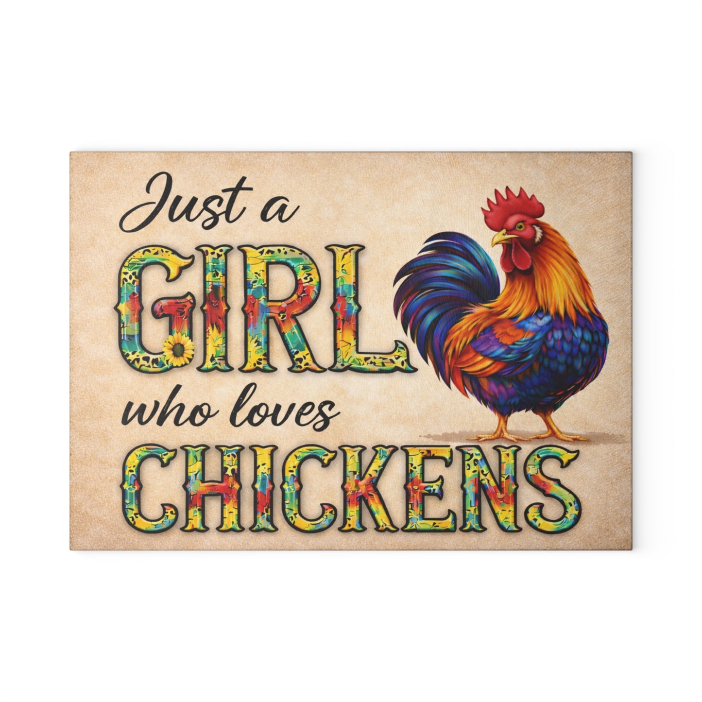 Just a Girl Who Loves Chickens Glass Cutting Board – Colorful Rooster Farm Kitchen Decor