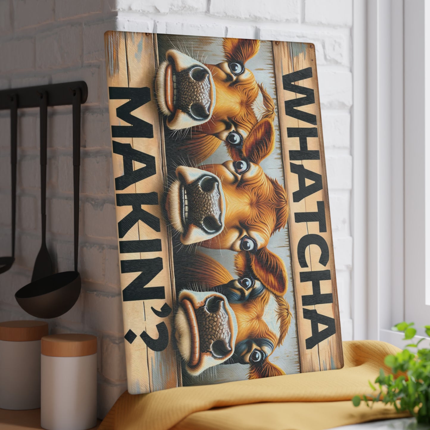 🐮🤠 “Whatcha Makin’?” Glass Cutting Board – Cozy Charm for Your Kitchen