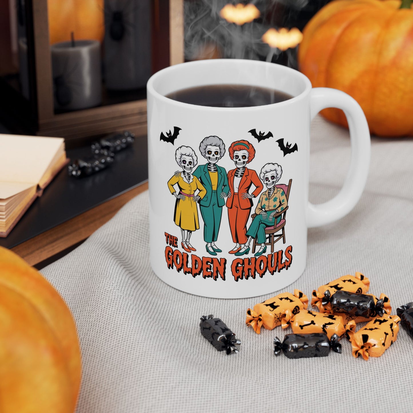💀👵 The Golden Ghouls Mug – Funny Skeleton Halloween Coffee Cup 🎃☕