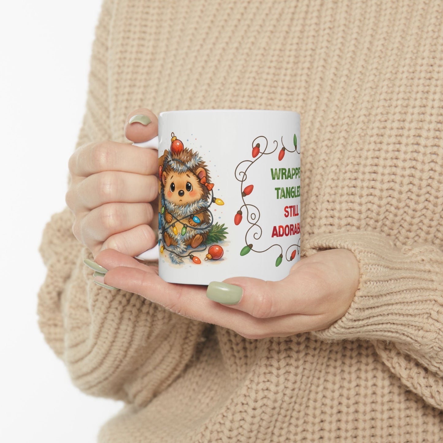 🦔🎄 Wrapped, Tangled, Still Adorable Hedgehog Mug – Cute Christmas Coffee Cup ✨☕