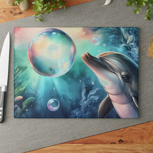 Tabla de cortar con diseño de delfín, vidrio templado con vibrantes escenas de delfines, regalo para chef, regalo para ella, regalo de boda o inauguración de la casa.