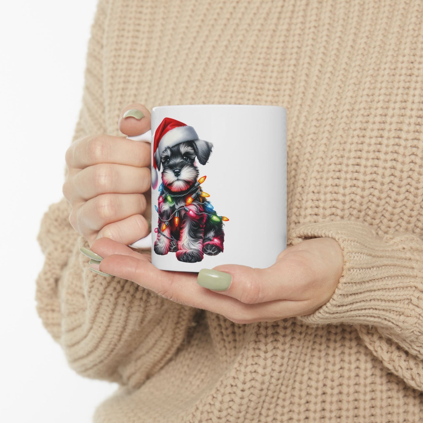 🎄 Miniature Schnauzer Christmas Mug – Holiday Cheer with a Pup in Lights 🐾
