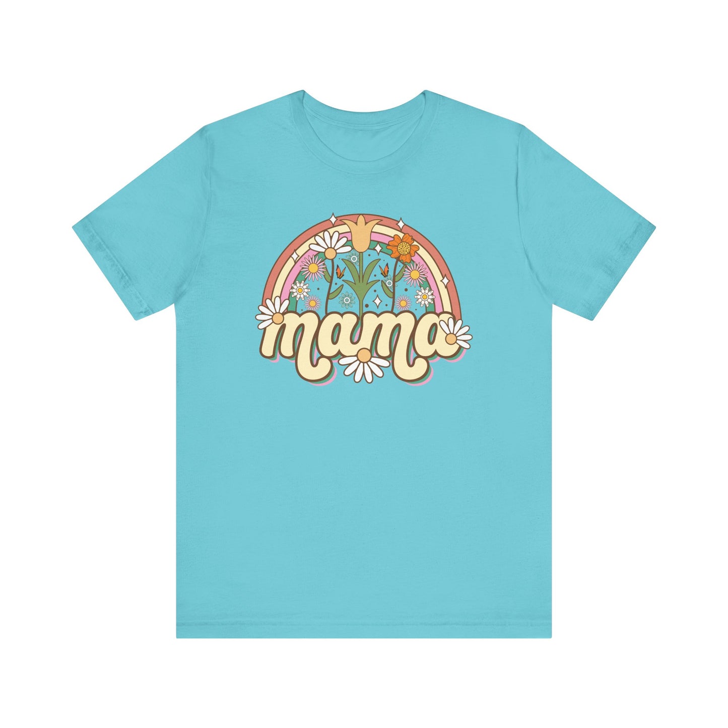 🌼🌈 Retro Floral Mama T-Shirt – Boho Rainbow Graphic Tee for Moms 🌻✨