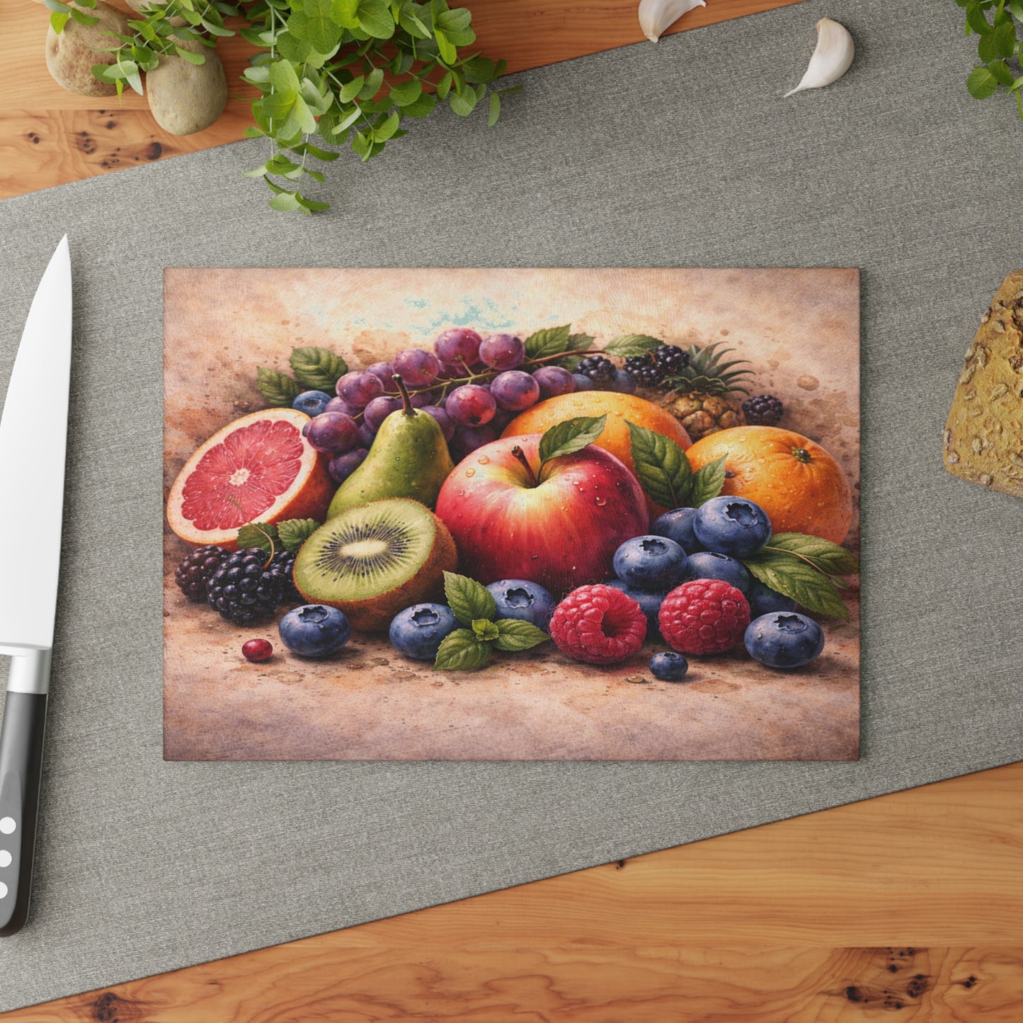 Classic Orchard Still Life Glass Cutting Board – Fruit Market Kitchen Accent