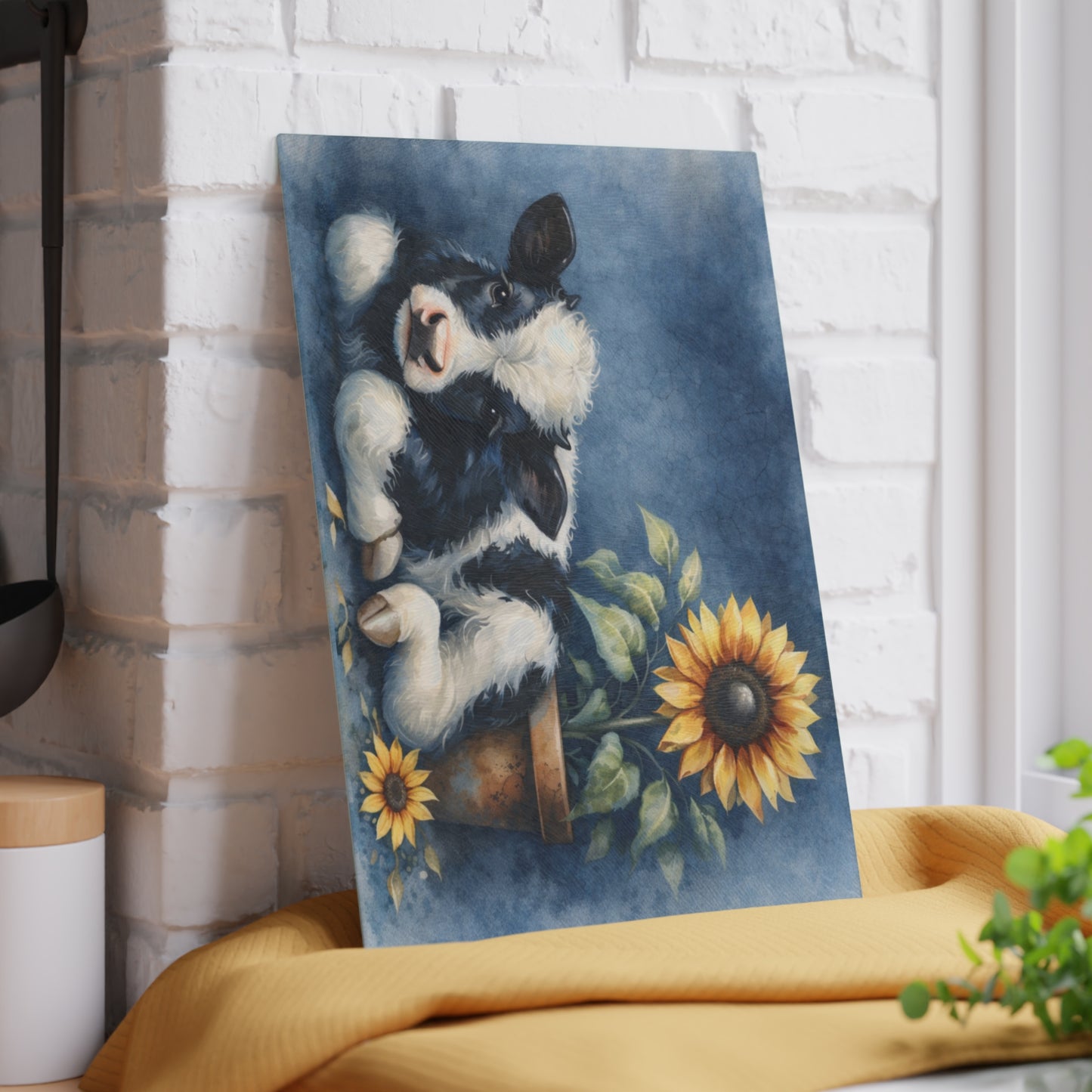Sunflower & Baby Cow Glass Cutting Board – Rustic Farmhouse Kitchen Decor