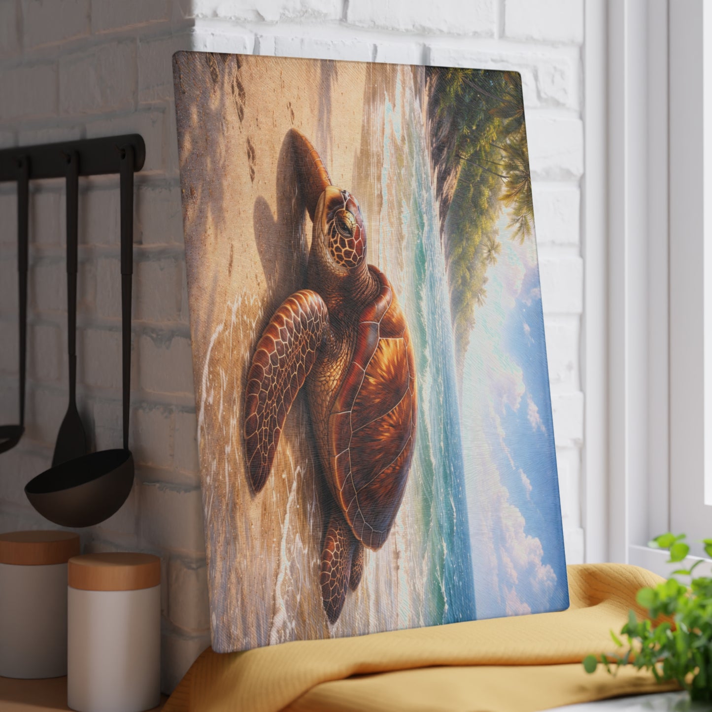 Sea Turtle Tropical Beach Glass Cutting Board – Coastal Ocean Wildlife Kitchen Art