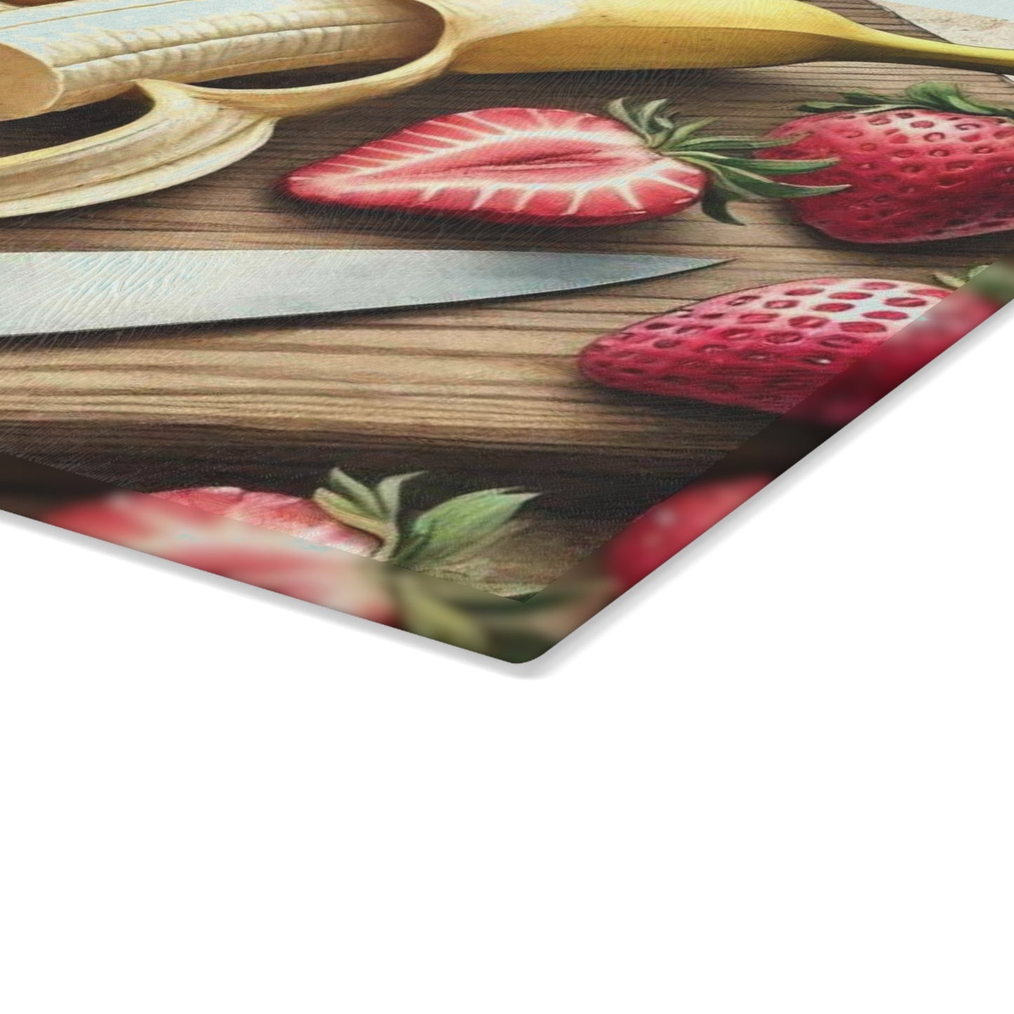 Tabla de cortar de vidrio templado para exhibición de frutas con una vibrante variedad de frutas frescas