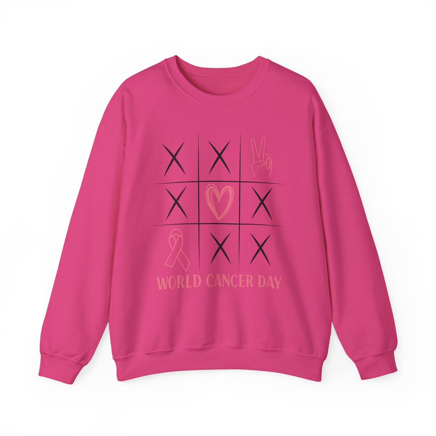 🌍🎗️ World Cancer Day Sweatshirt – Awareness Tic-Tac-Toe Heart & Ribbon