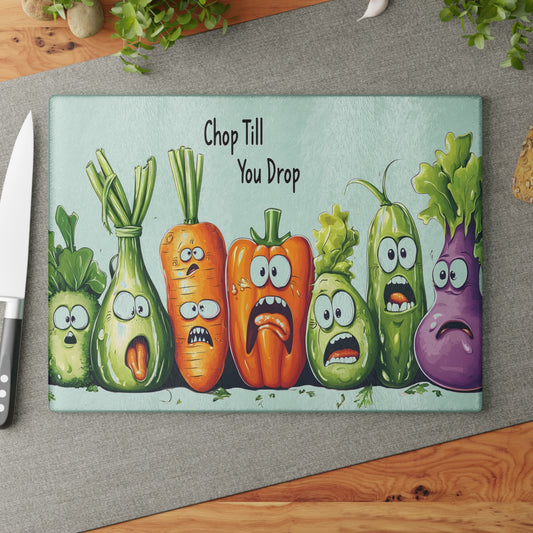 Tabla de cortar de vidrio “Chop Till You Drop” – Verduras que gritan y humor negro de cocina 😱🍅