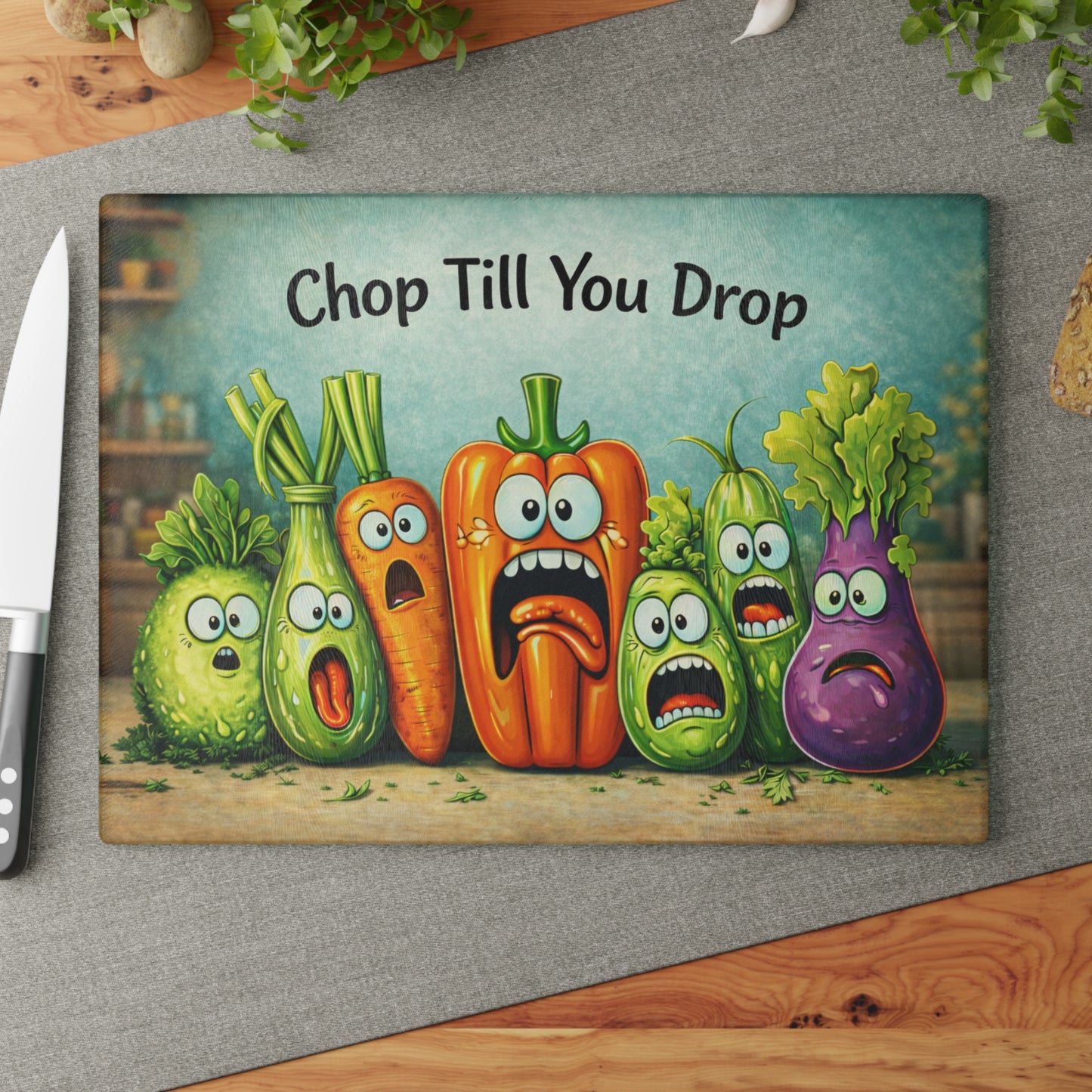 Chop Till You Drop Glass Cutting Board – Funny Vegetable Kitchen Decor with Playful Personality