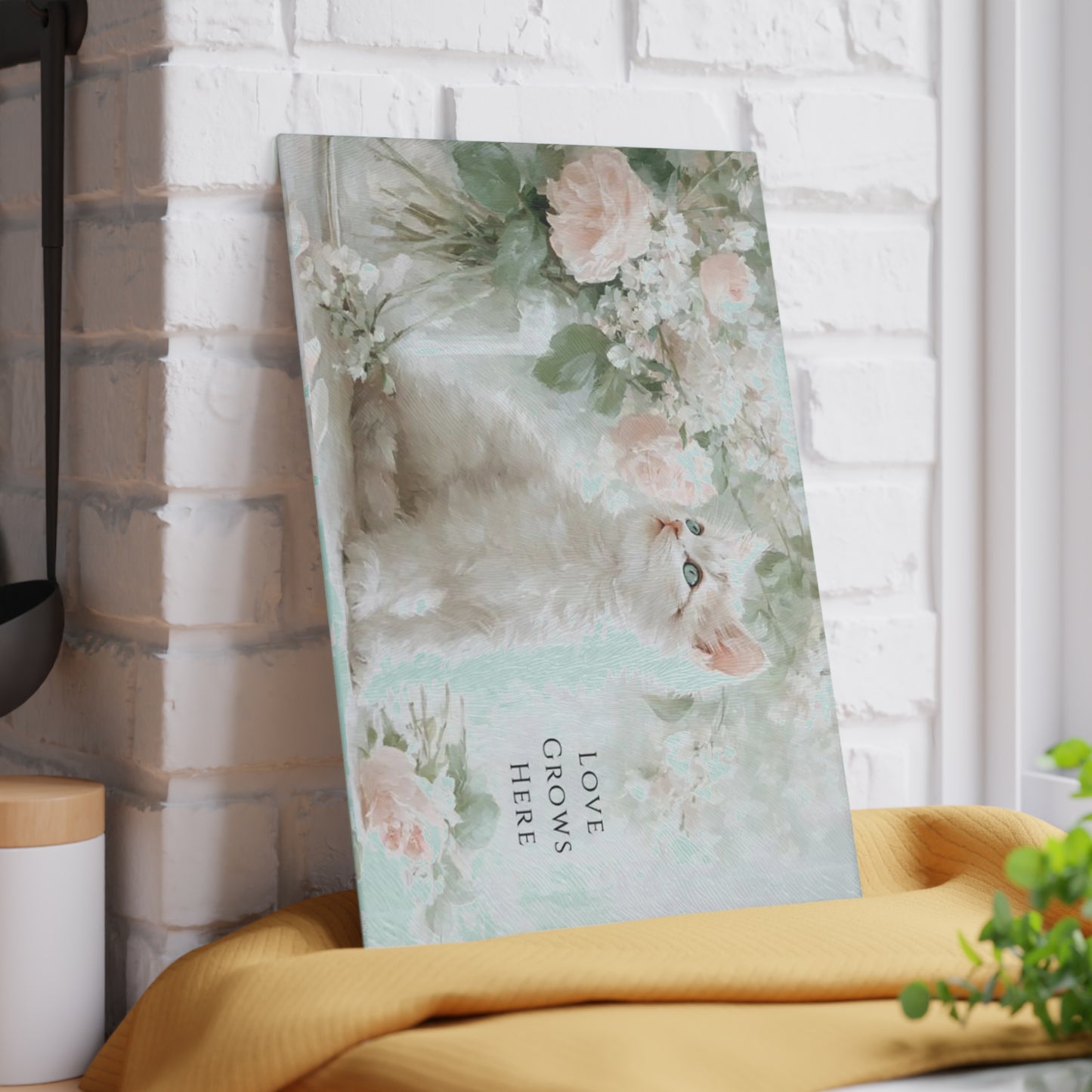 “Love Grows Here” Glass Cutting Board – Soft Cottage Floral Charm